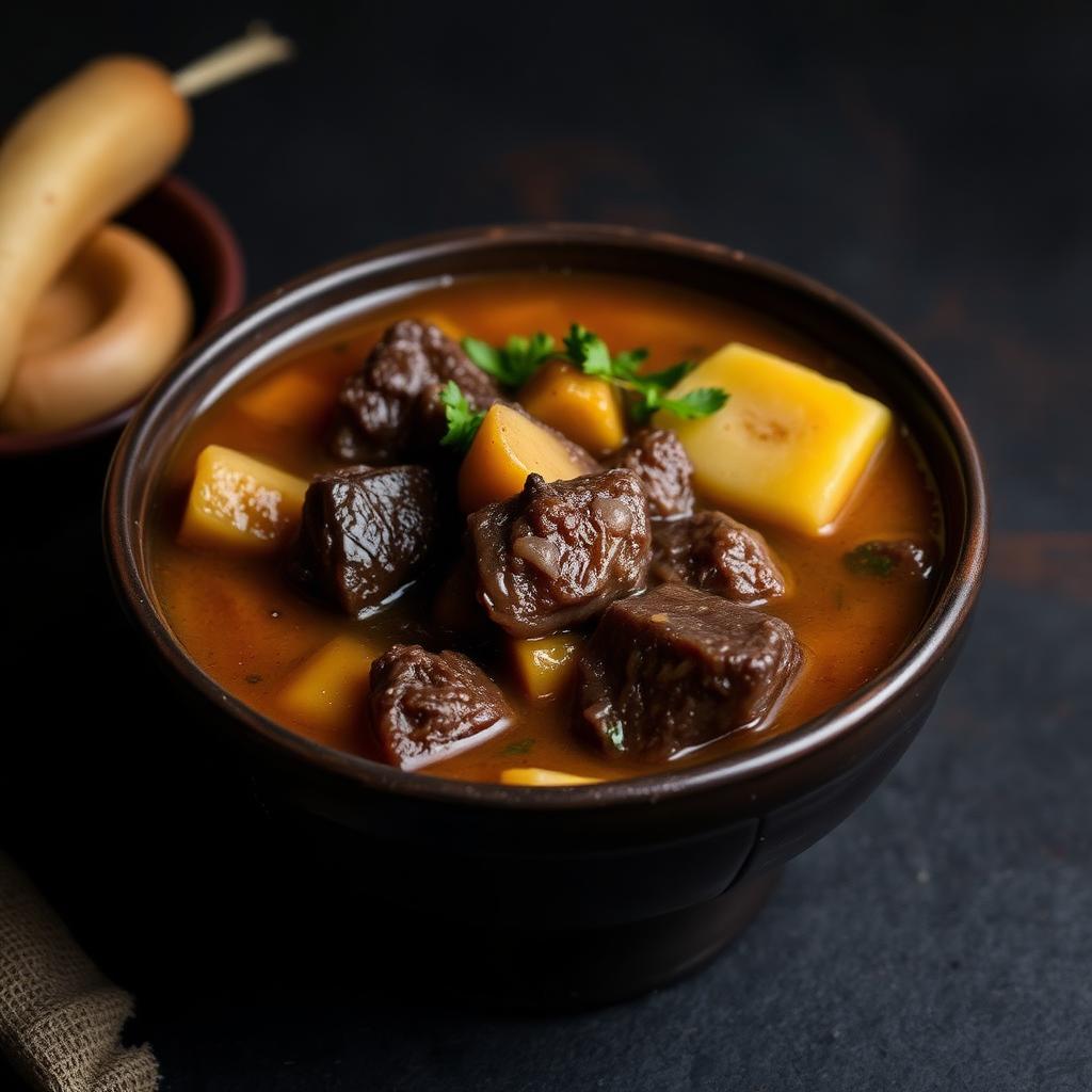 Caldo de pata con yuca y plátano servido en tazón de barro