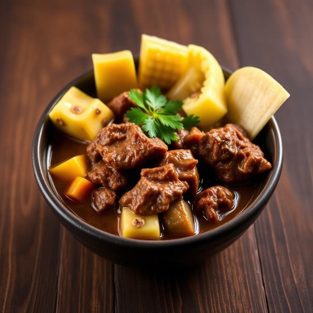 Sancocho con maíz, yuca y carne en tazón rústico