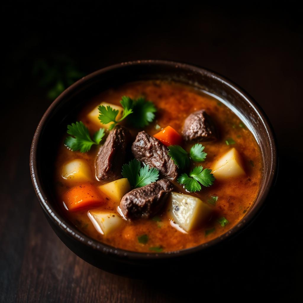 Sopa de res con verduras y cilantro fresco