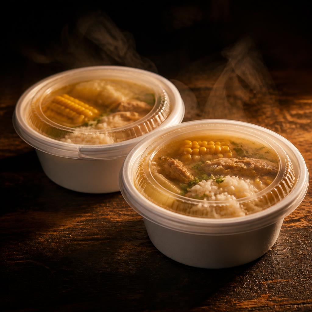 Envases de caldo y arroz listos para el delivery sobre una mesa de madera